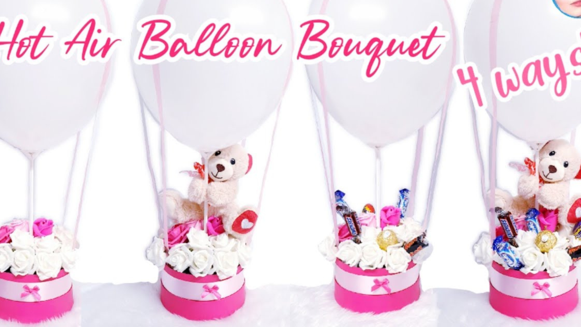 4 Balloon Hampers With Treats such as plushies and chocolates